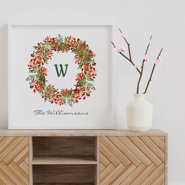 Elegant Watercolor Greenery Wreath Monogram Custom Poster (Creator Uploaded)