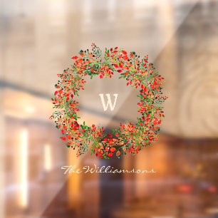 Elegant Watercolor Greenery Wreath Monogram Custom Window Cling