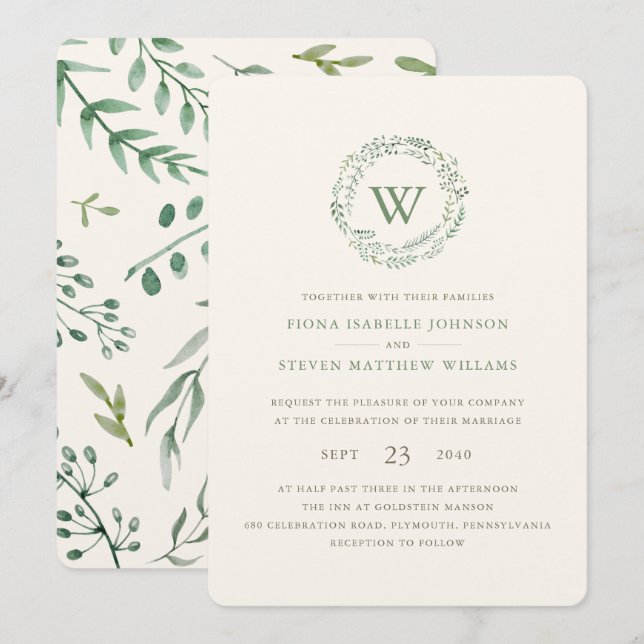 Elegant Watercolor Greenery Wreath Wedding Invitation (Front/Back)