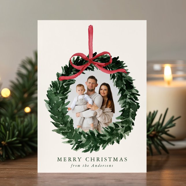 Elegant Watercolor Greenery Wreath with Bow Photo Holiday Card (Creator Uploaded)