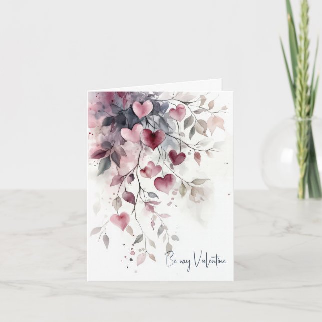 Elegant Watercolor Hearts Valentine's Greeting Holiday Card (Front)