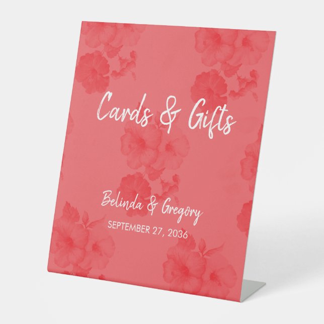 Elegant Watercolor Hibiscus Wedding Cards & Gifts Pedestal Sign (Front)