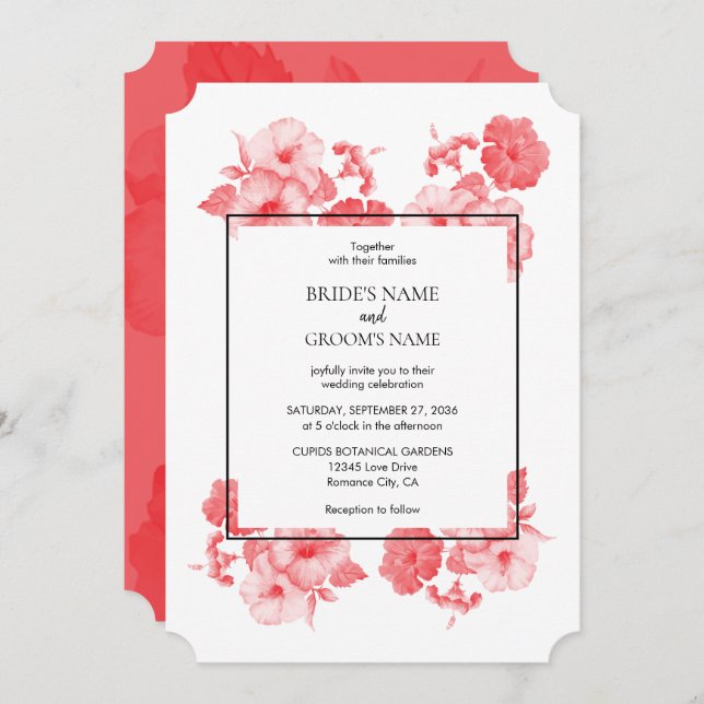 Elegant Watercolor Hibiscus Wedding Invitations (Front/Back)