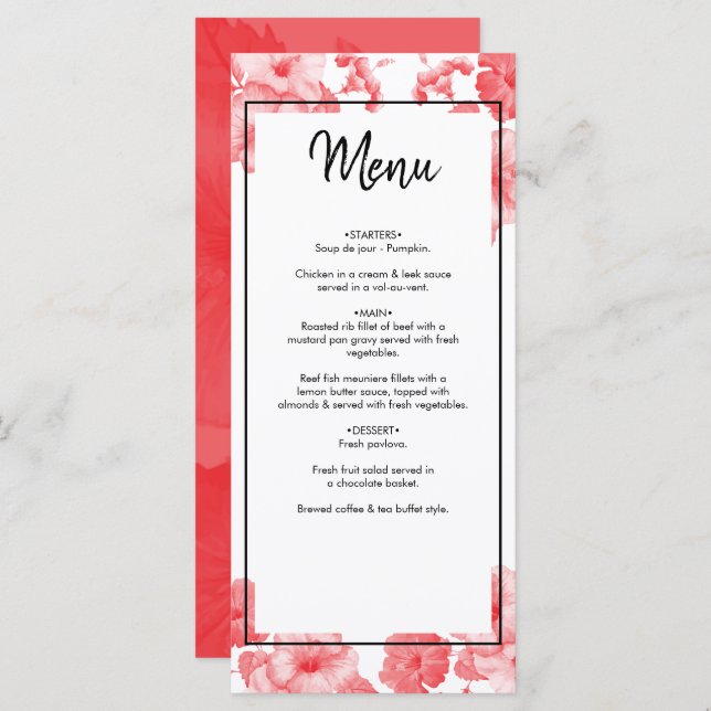 Elegant Watercolor Hibiscus Wedding Menu (Front/Back)