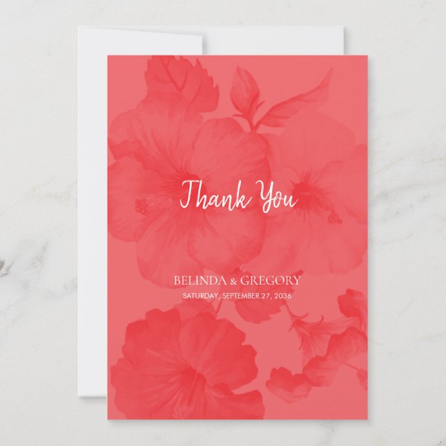 Elegant Watercolor Hibiscus Wedding Thank You Card (Back)