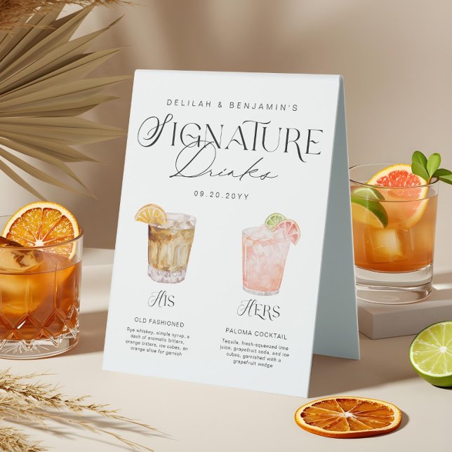 Elegant Watercolor His Her Signature Drink Wedding (Elegant Watercolor His Her Signature Drink Wedding Table Tent Sign)