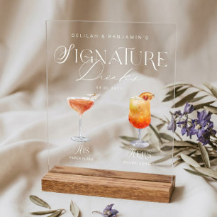 Elegant Watercolor His Her Signature Drink Wedding Acrylic Sign