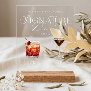 Elegant Watercolor His Her Signature Drink Wedding Acrylic Sign