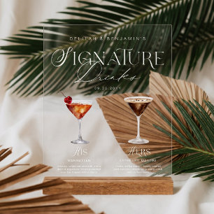 Elegant Watercolor His Her Signature Drink Wedding Acrylic Sign