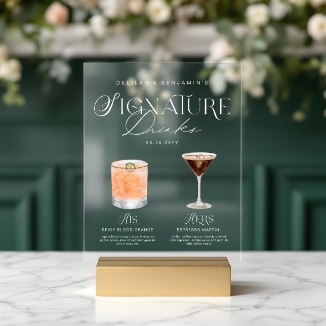 Elegant Watercolor His Her Signature Drink Wedding Acrylic Sign (Elegant Watercolor His Her Signature Drink Wedding Acrylic Sign)