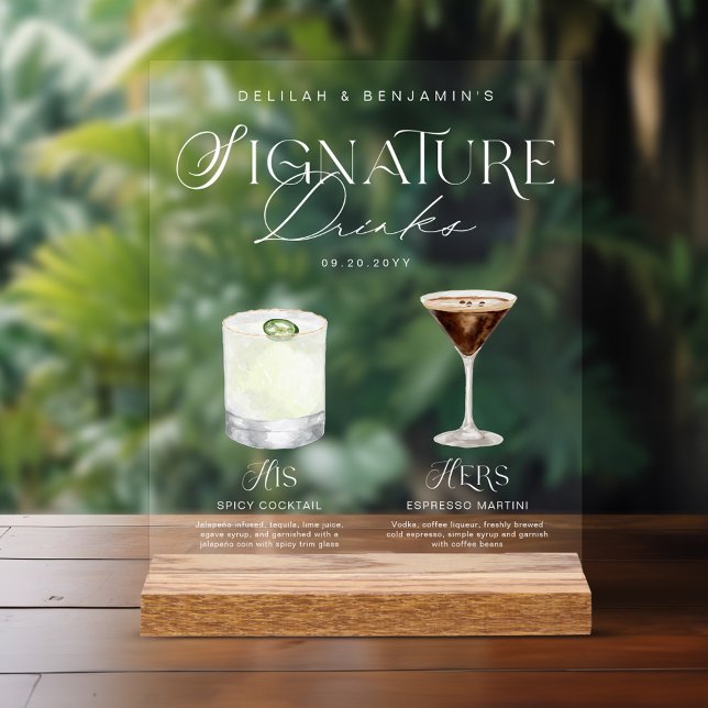 Elegant Watercolor His Her Signature Drink Wedding Acrylic Sign (Elegant Watercolor His Her Signature Drink Wedding Acrylic Sign)