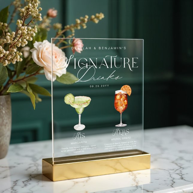 Elegant Watercolor His Her Signature Drink Wedding Acrylic Sign (Elegant Watercolor His Her Signature Drink Wedding Acrylic Sign)
