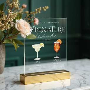 Elegant Watercolor His Her Signature Drink Wedding Acrylic Sign