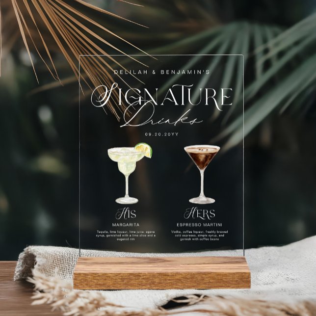Elegant Watercolor His Her Signature Drink Wedding Acrylic Sign (Elegant Watercolor His Her Signature Drink Wedding Acrylic Sign)