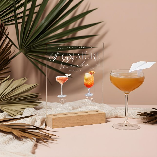 Elegant Watercolor His Her Signature Drink Wedding Acrylic Sign (Elegant Watercolor His Her Signature Drink Wedding Acrylic Sign)