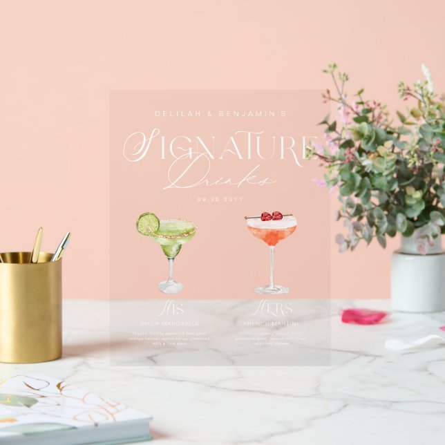 Elegant Watercolor His Her Signature Drink Wedding Acrylic Sign (Wedding)