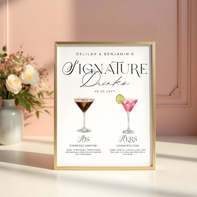 Elegant Watercolor His Her Signature Drink Wedding Poster (Elegant Watercolor His Her Signature Drink Wedding Poster)