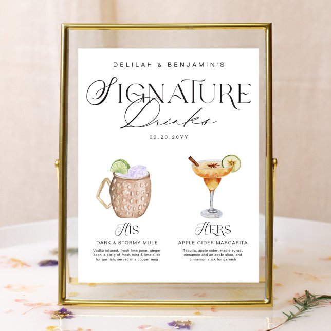 Elegant Watercolor His Her Signature Drink Wedding Poster (Elegant Watercolor His Her Signature Drink Wedding Poster)