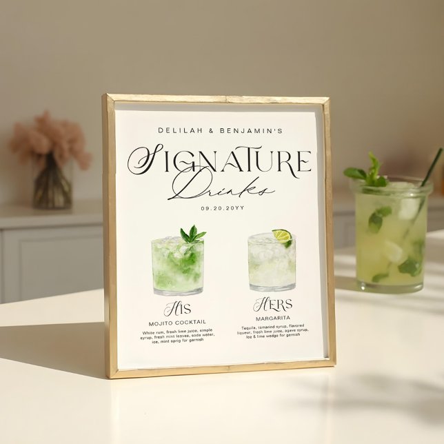 Elegant Watercolor His Her Signature Drink Wedding Poster (Elegant Watercolor His Her Signature Drink Wedding Poster)