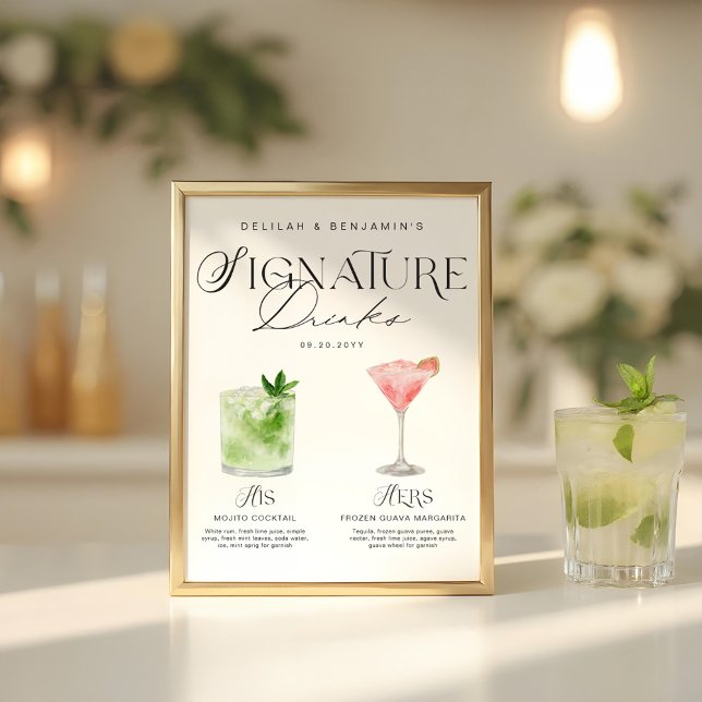 Elegant Watercolor His Her Signature Drink Wedding Poster (Elegant Watercolor His Her Signature Drink Wedding Poster)