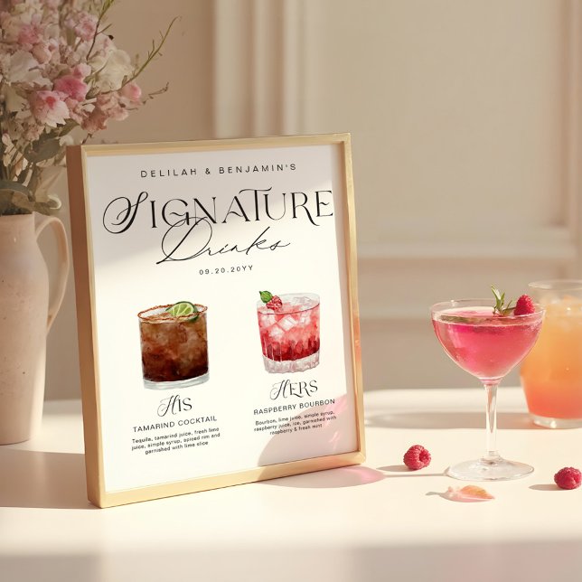 Elegant Watercolor His Her Signature Drink Wedding Poster (Elegant Watercolor His Her Signature Drink Wedding Poster)