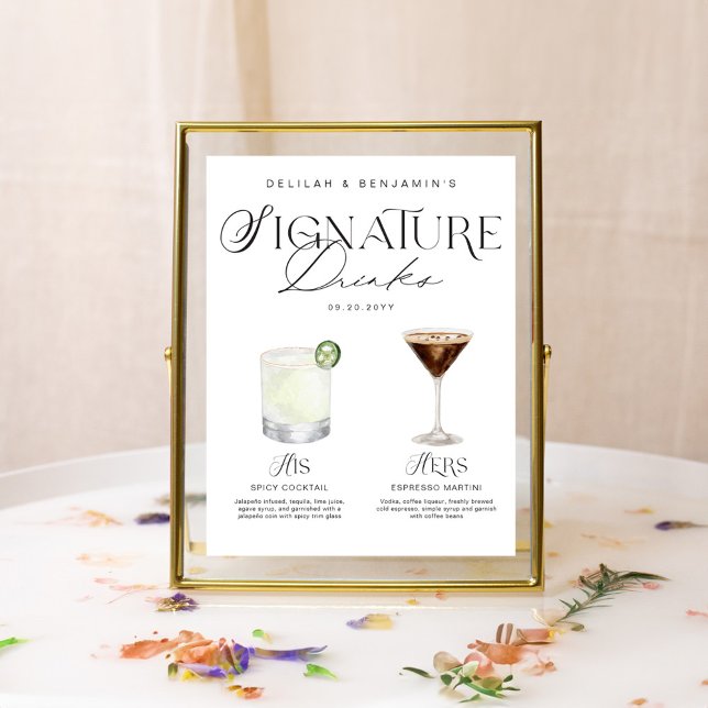 Elegant Watercolor His Her Signature Drink Wedding Poster (Elegant Watercolor His Her Signature Drink Wedding Poster)