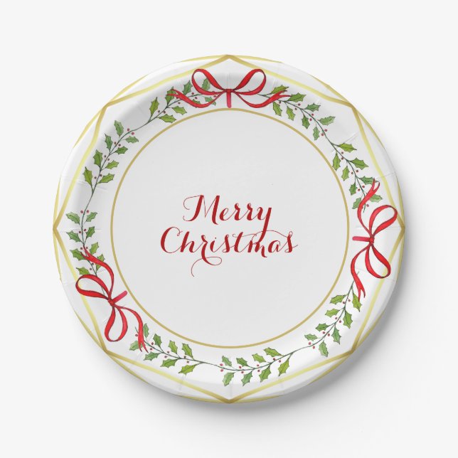 Elegant watercolor Holiday greenery Christmas Paper Plate (Front)