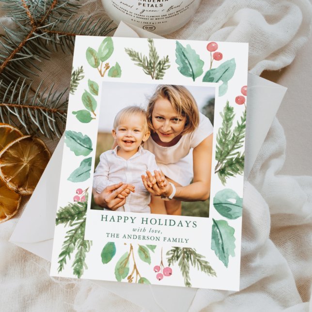 Elegant Watercolor Holly Berries & Greenery Photo Holiday Card (Creator Uploaded)