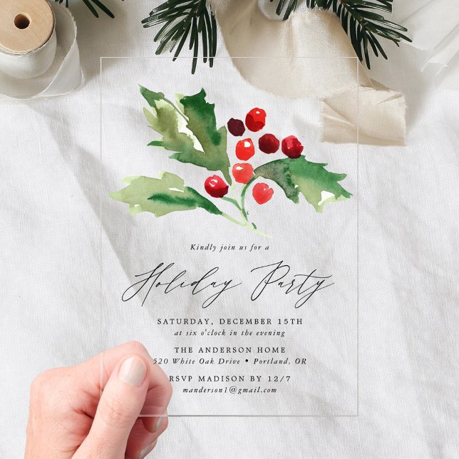 Elegant Watercolor Holly Berries Holiday Party Acrylic Invitations (Creator Uploaded)