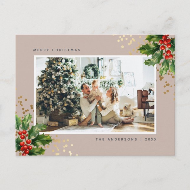Elegant Watercolor Holly Berries Photo Holiday Postcard (Front)