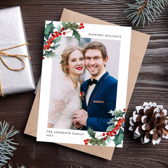Elegant Watercolor Holly Berry Frame Photo Holiday Card (Creator Uploaded)