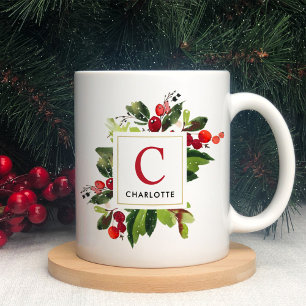 Elegant Watercolor Holly Berry Monogram Coffee Mug