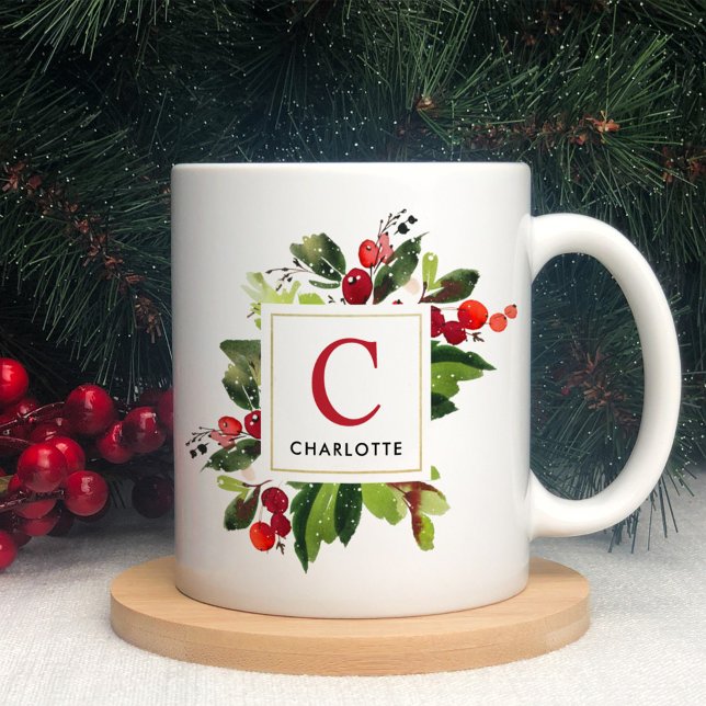Elegant Watercolor Holly Berry Monogram Coffee Mug (Creator Uploaded)