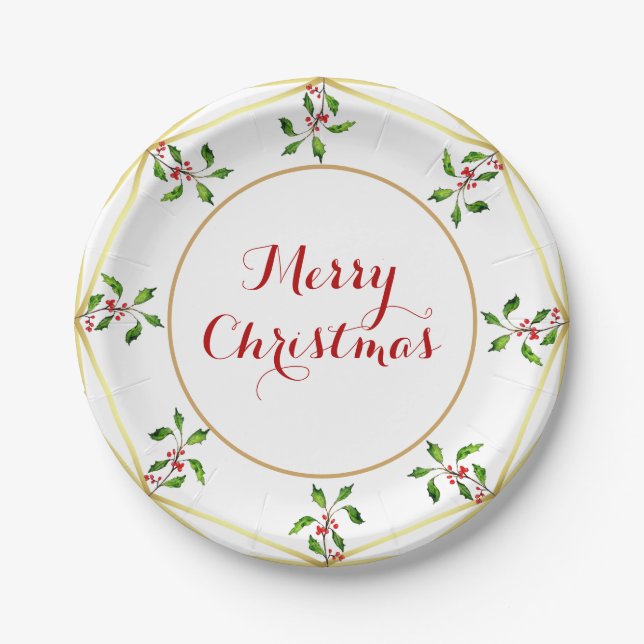 Elegant watercolor Holly Christmas  Paper Plate (Front)