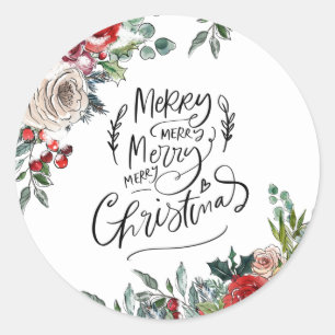 Elegant Watercolor Holly Floral Merry Christmas Classic Round Sticker