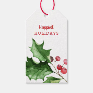 Elegant Watercolor Holly Leaves Holiday Gift Tags