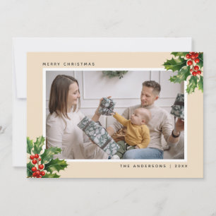 Elegant Watercolor Holly Photo Christmas Cards
