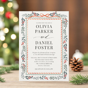 Elegant Watercolor Holly Red Bow Christmas Wedding Invitation