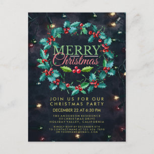 Elegant Watercolor Holly Wreath Christmas Party Postcard