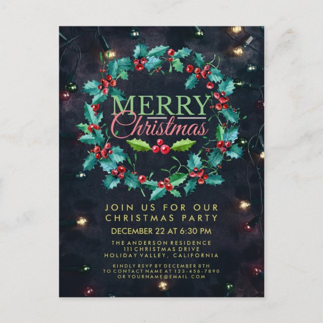 Elegant Watercolor Holly Wreath Christmas Party Postcard (Front)