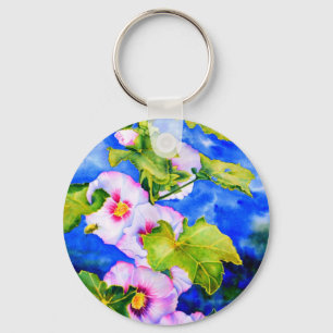 Elegant watercolor Hollyhocks Key Ring