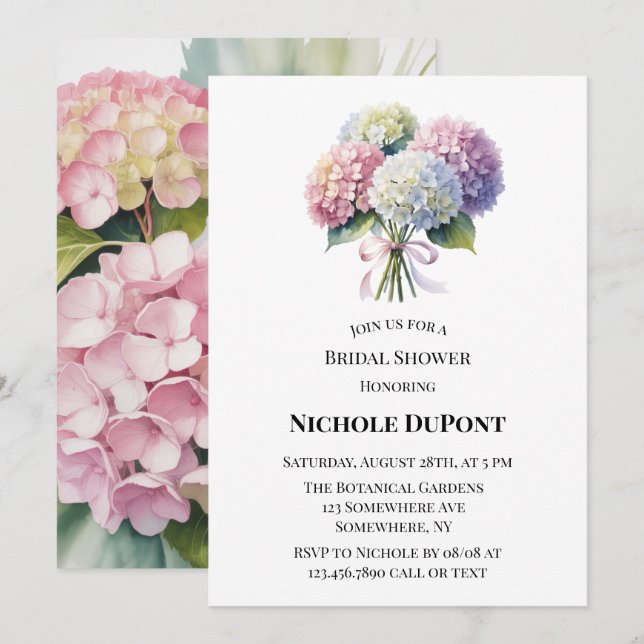 Elegant Watercolor Hydrangea Bridal Shower Invitation (Front/Back)