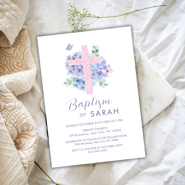 Elegant Watercolor Hydrangea Flower Cross Baptism Invitation (Elegant Watercolor Hydrangea Flower Cross Baptism Invitation)