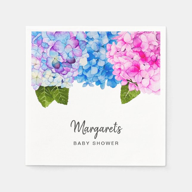 Elegant Watercolor Hydrangea Flowers | Baby Shower Napkin (Front)