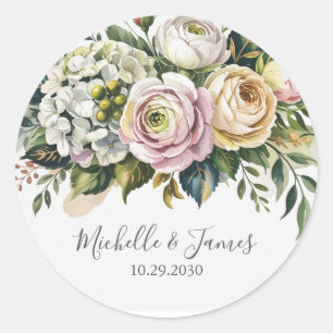 Elegant watercolor Hydrangea Rose Floral Wedding   Classic Round Sticker