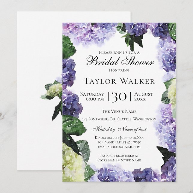 Elegant Watercolor Hydrangeas in Purple & Lavender Invitation (Front/Back)