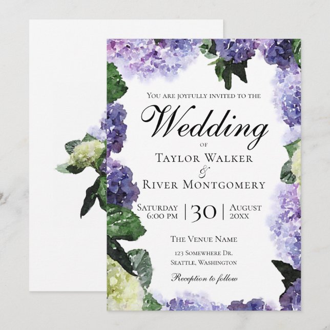 Elegant Watercolor Hydrangeas in Purple & Lavender Invitation (Front/Back)