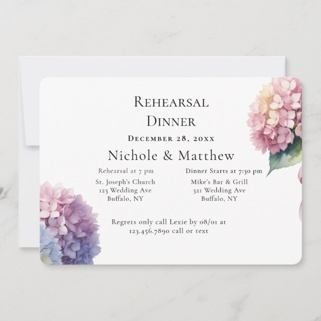Elegant Watercolor Hydrangeas Rehearsal Dinner Invitation (Front)