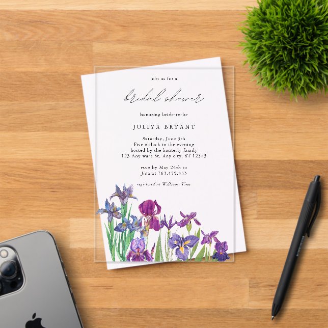 Elegant watercolor Iris flower bridal shower Acrylic Invitations (Insitu (Invitation Card))