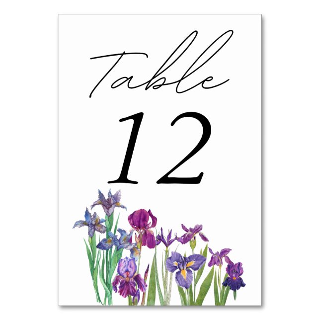 Elegant watercolor Iris flower script photo  Table Number (Front)